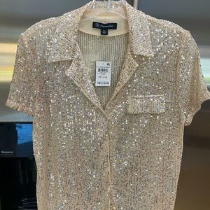 INC Platinum Runway Short Sleeve Sequin Top